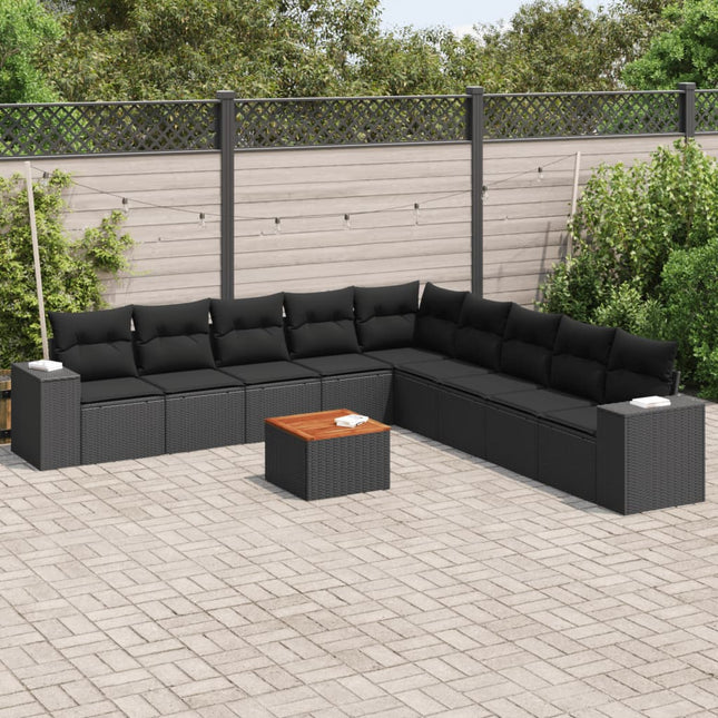 10-delige Loungeset met kussens poly rattan zwart Zwart