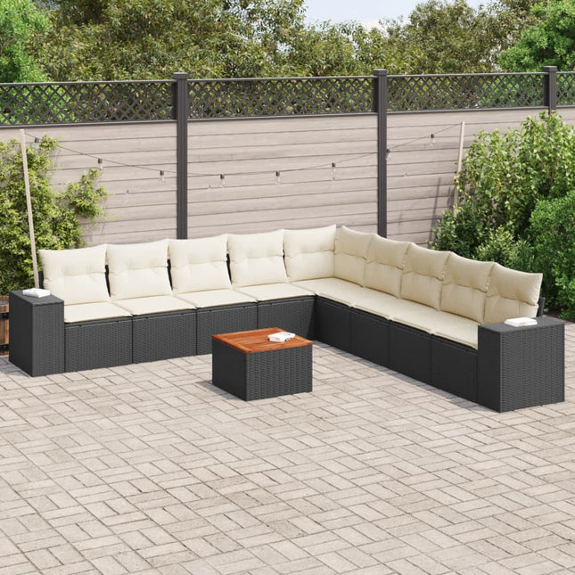 10-delige Loungeset met kussens poly rattan zwart Zwart en crème