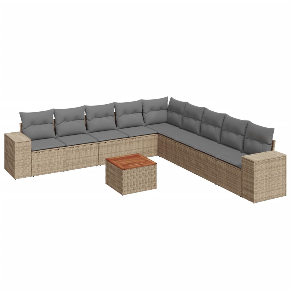 10-delige Loungeset met kussens poly rattan beige Beige en grijs
