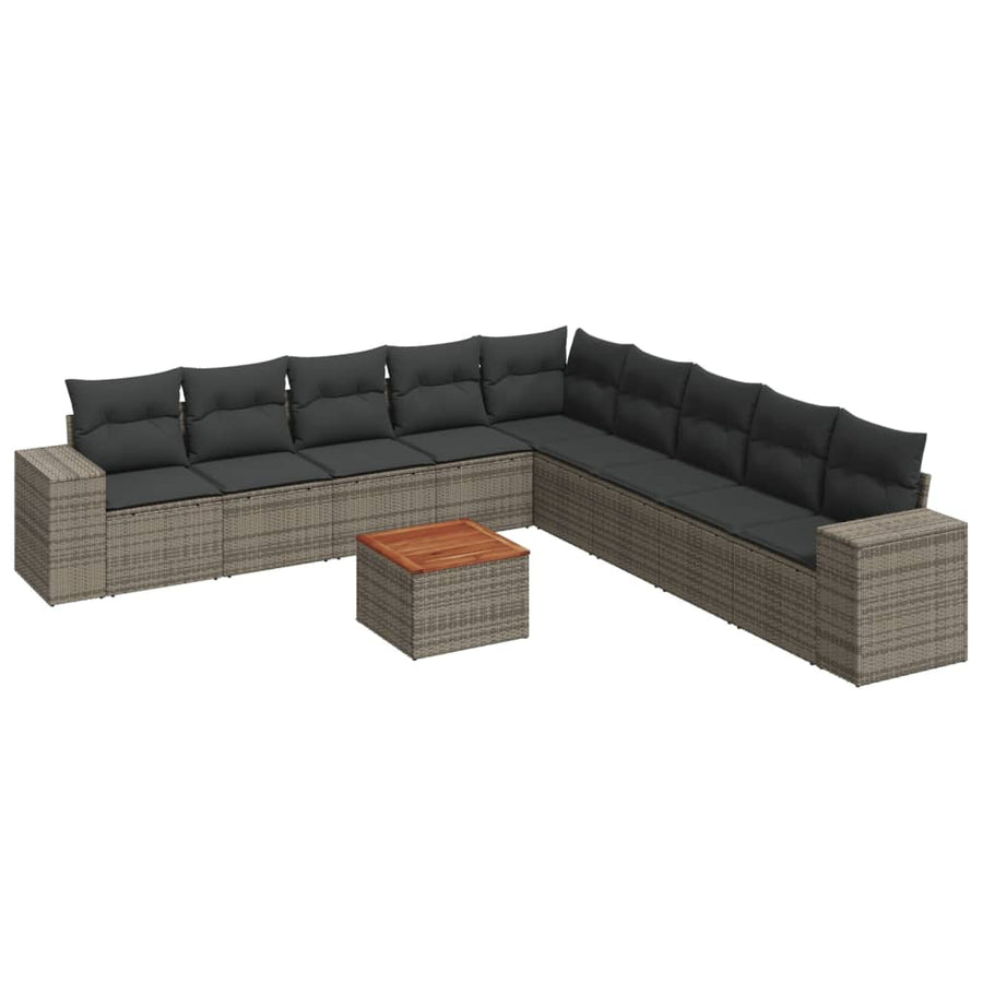 10-delige Loungeset met kussens poly rattan grijs Grijs