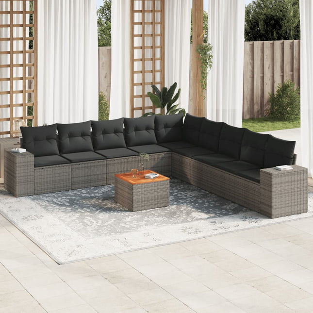 10-delige Loungeset met kussens poly rattan grijs Grijs