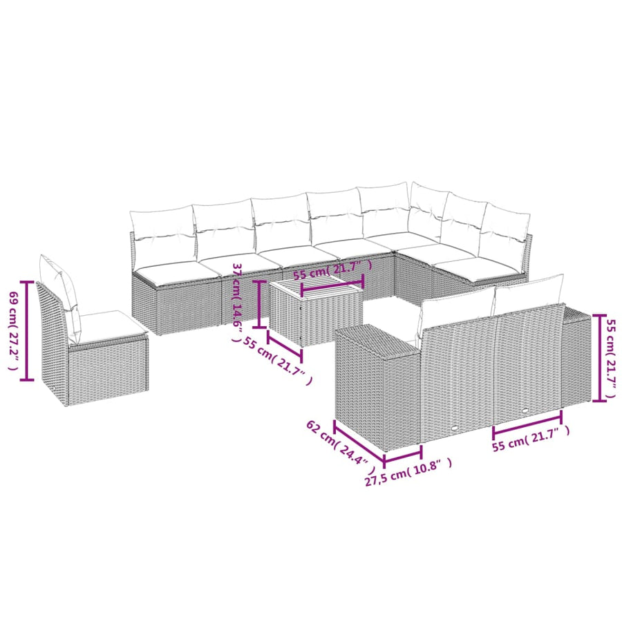 11-delige Tuinset met kussens poly rattan beige Beige en grijs