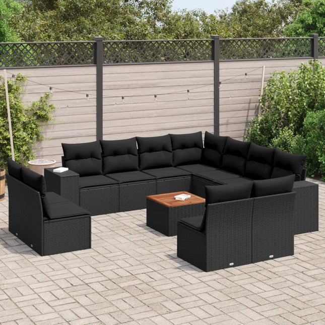 12-delige Loungeset met kussens poly rattan zwart Zwart