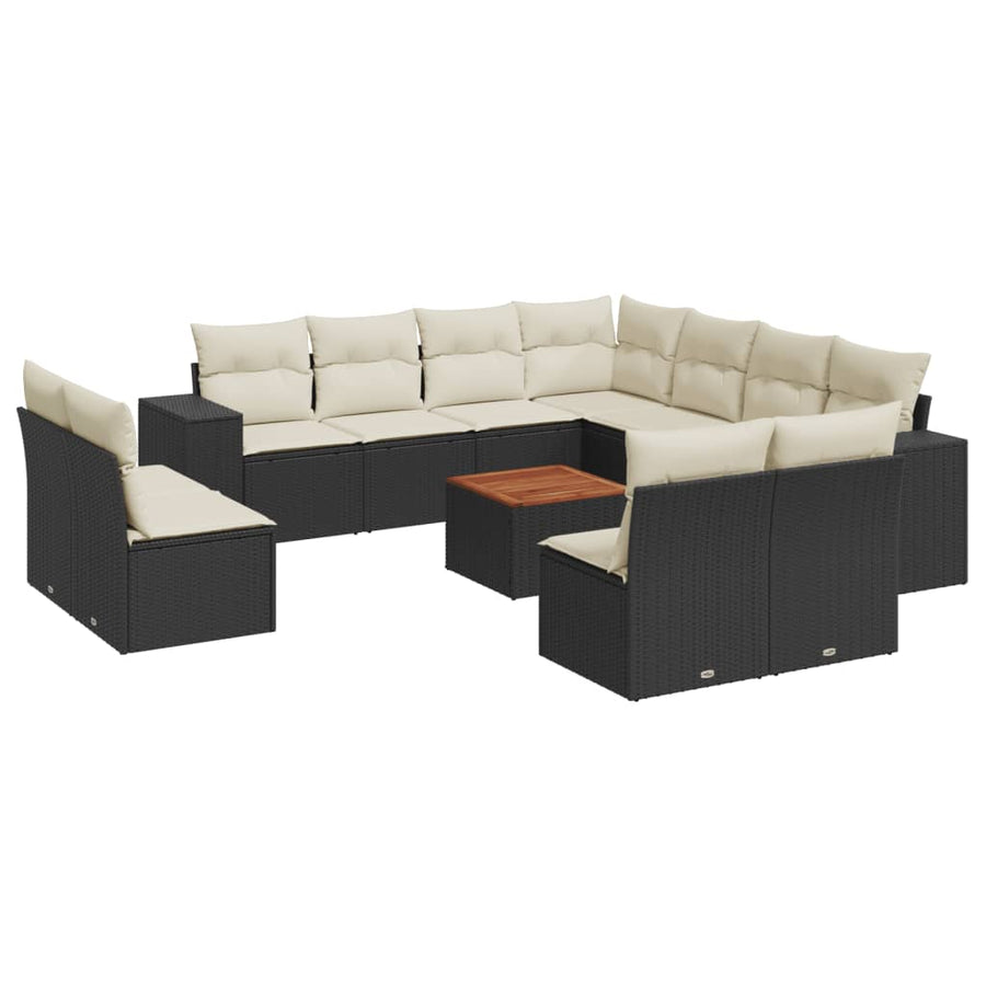 12-delige Loungeset met kussens poly rattan zwart Zwart en crème