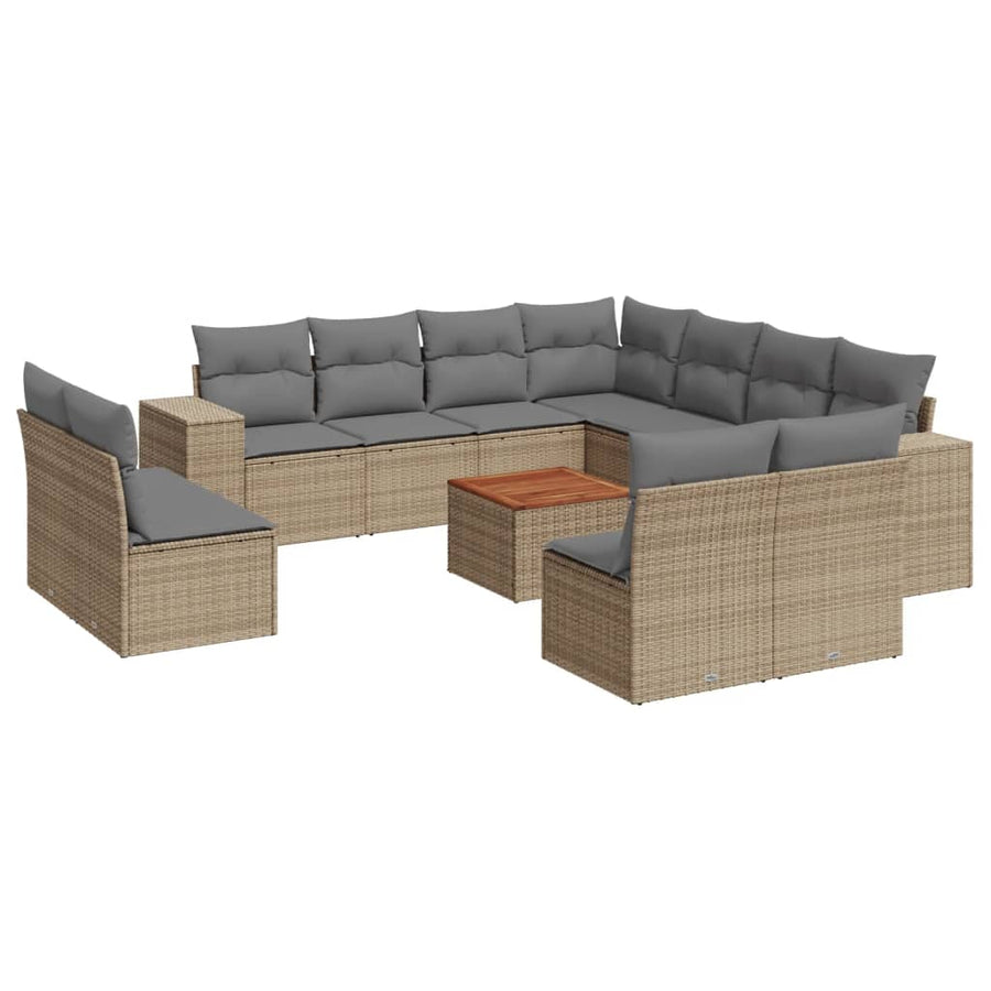 12-delige Loungeset met kussens poly rattan beige Beige en grijs