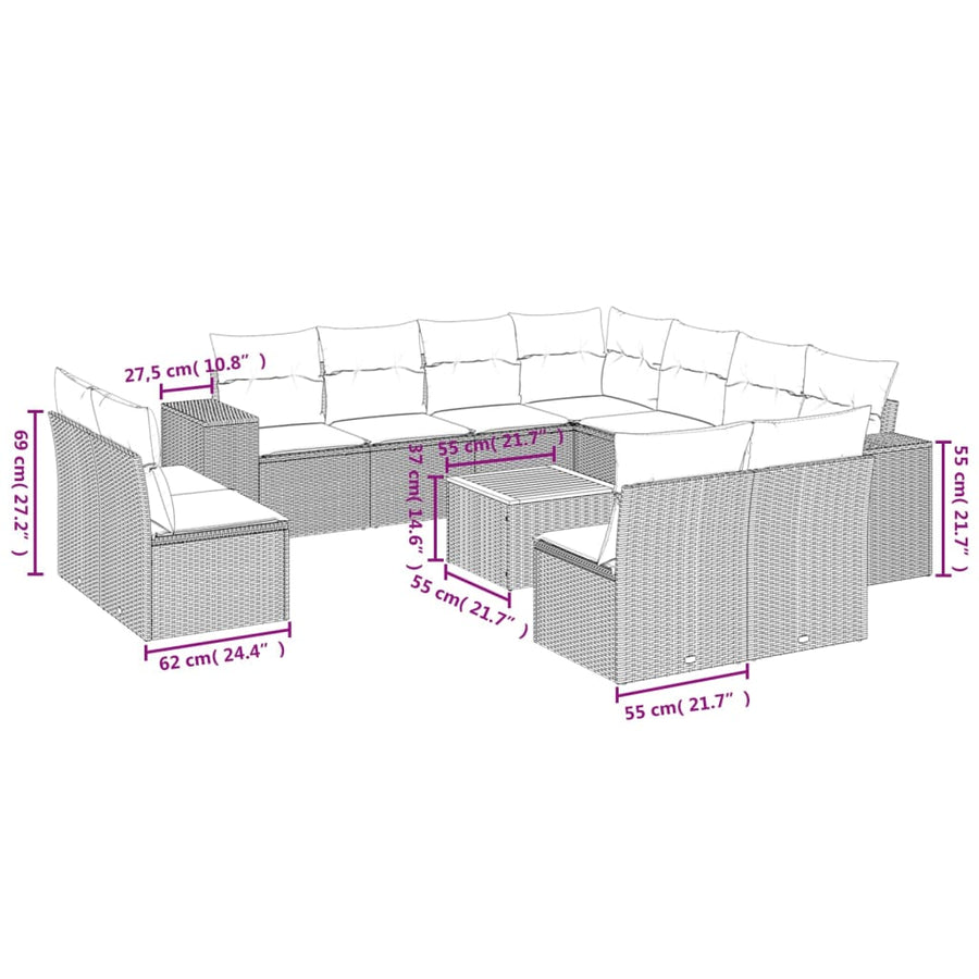 12-delige Loungeset met kussens poly rattan grijs Grijs