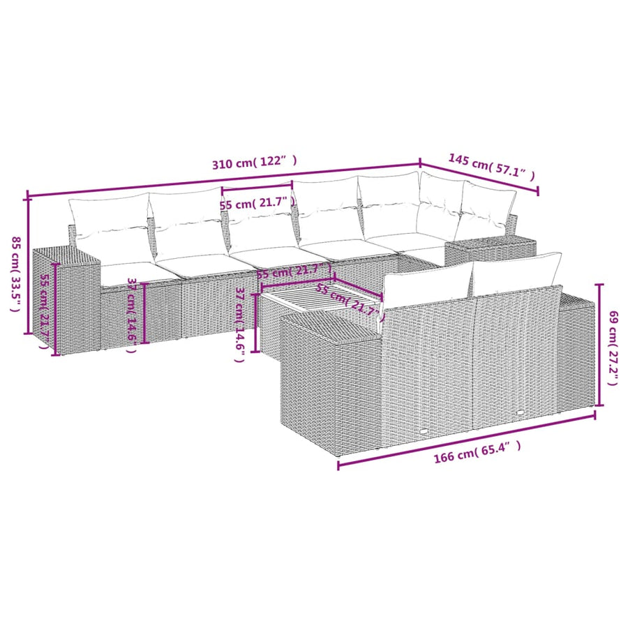 9-Delige Loungeset Met Kussens Poly Rattan Zwart