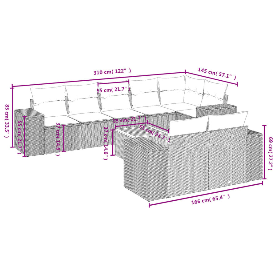 9-Delige Loungeset Met Kussens Poly Rattan Beige