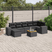 Loungeset poly rattan 8-delig zwart met kussens