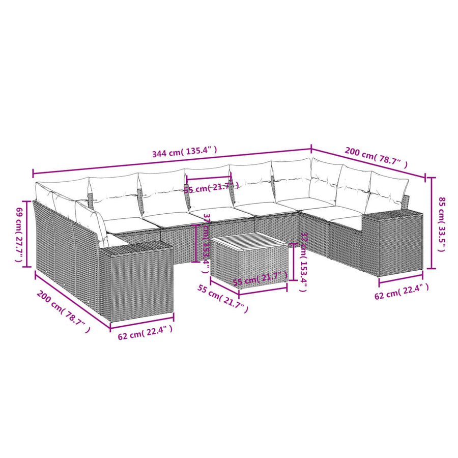 11-Delige Tuinset Met Kussens Poly Rattan Beige