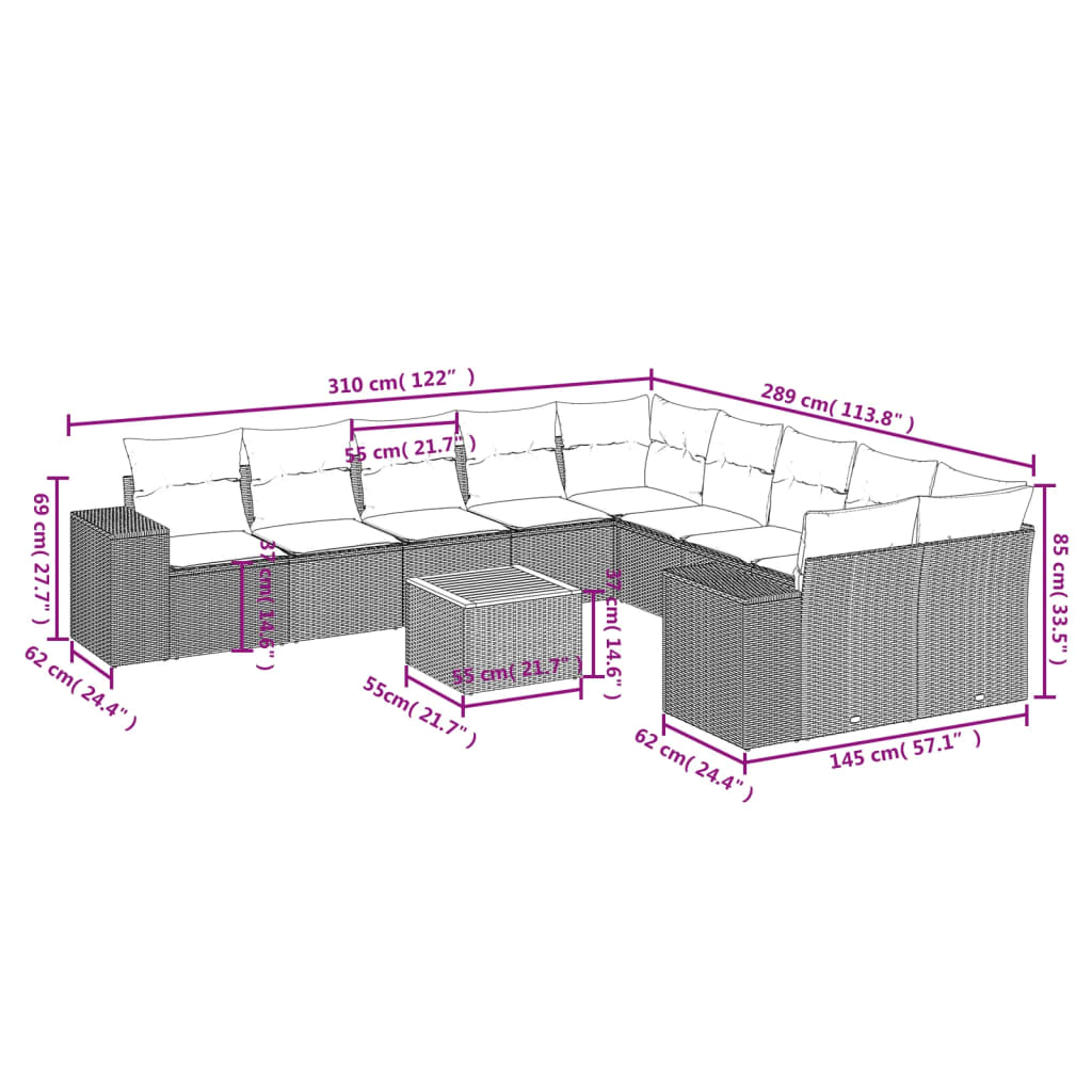 11-Delige Tuinset Met Kussens Poly Rattan Beige