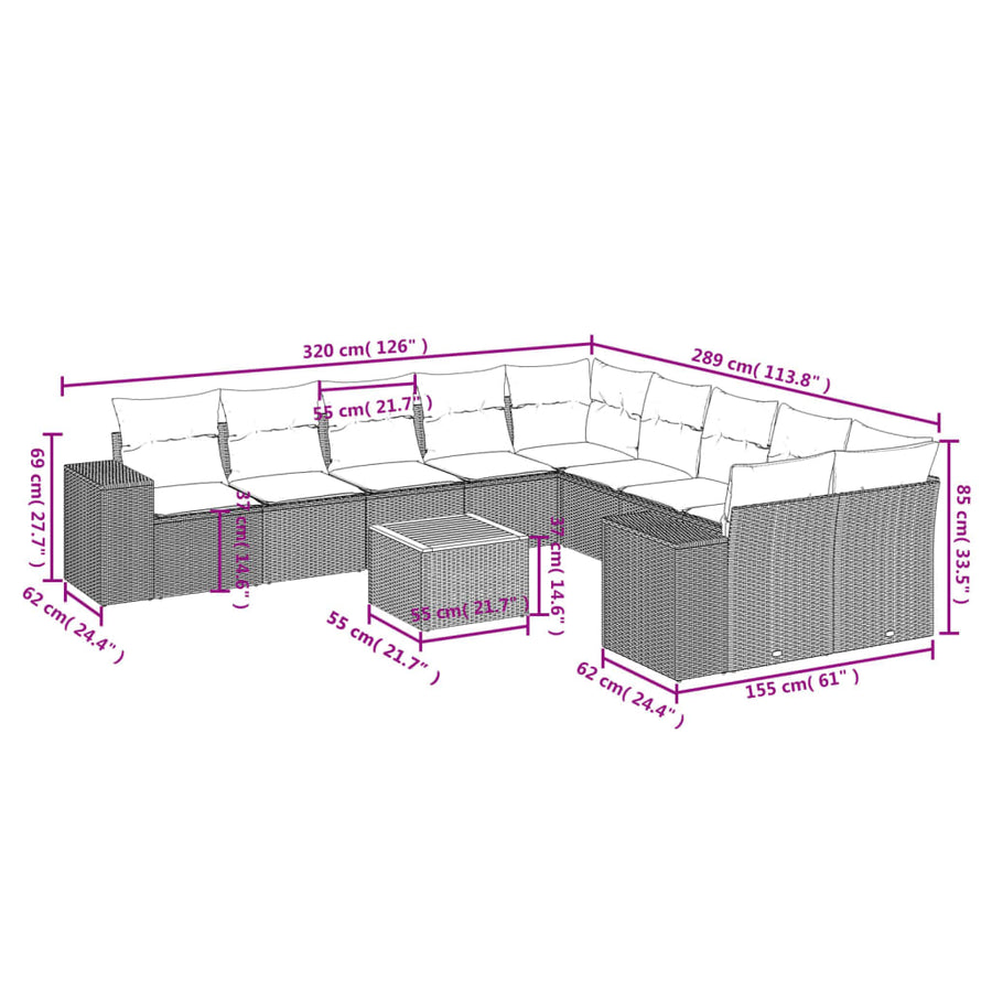 11-Delige Tuinset Met Kussens Poly Rattan Beige