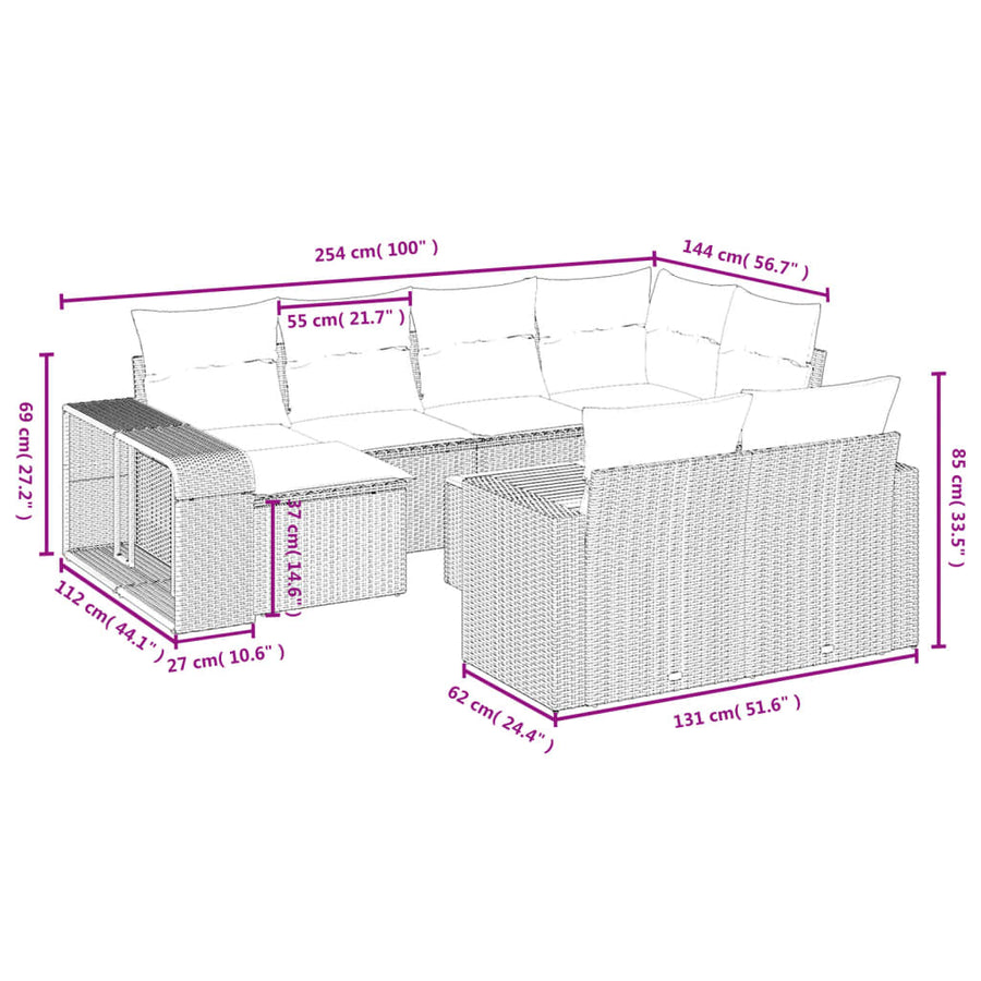 11-Delige Tuinset Met Kussens Poly Rattan Beige
