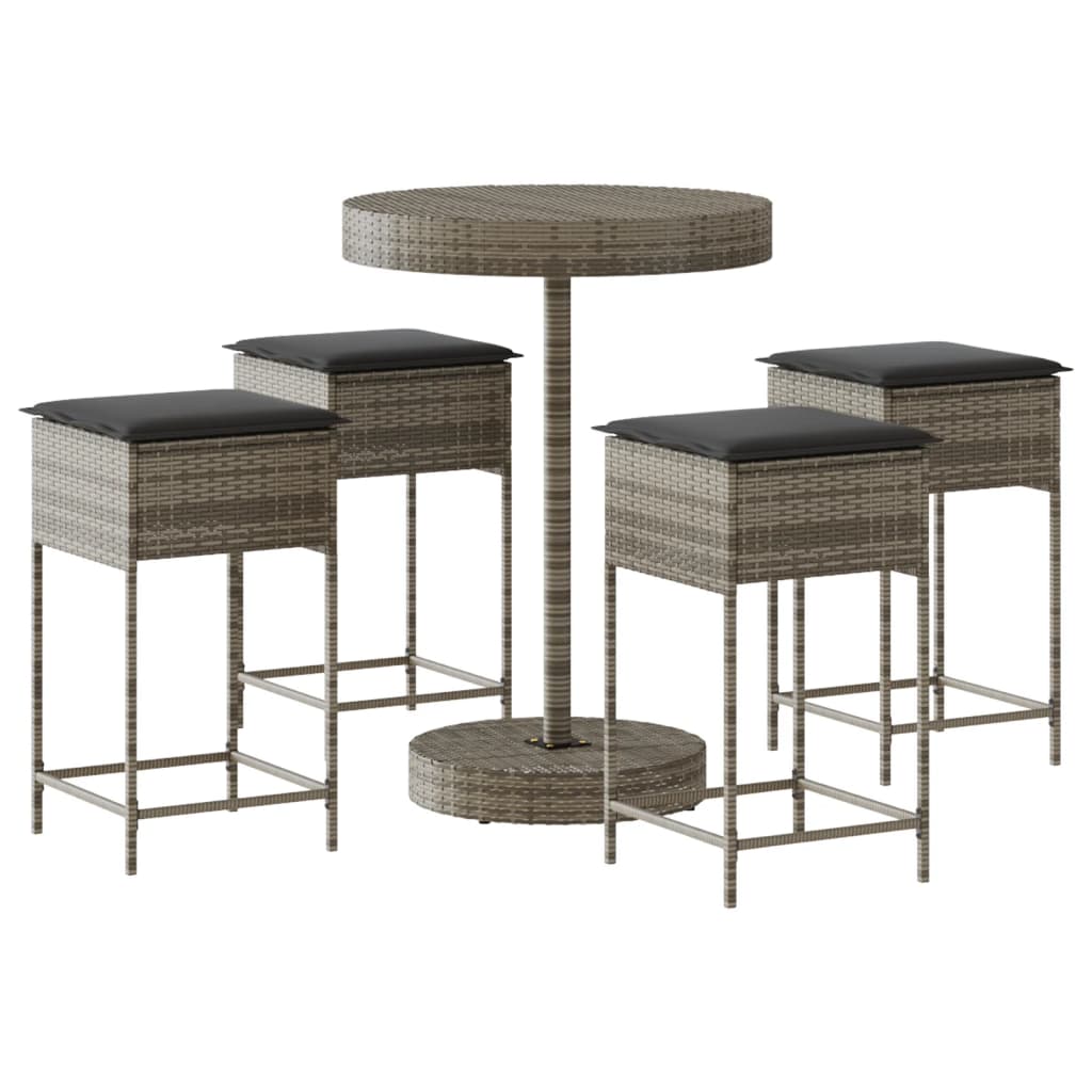 5-delige Tuinbarset met kussens poly rattan grijs