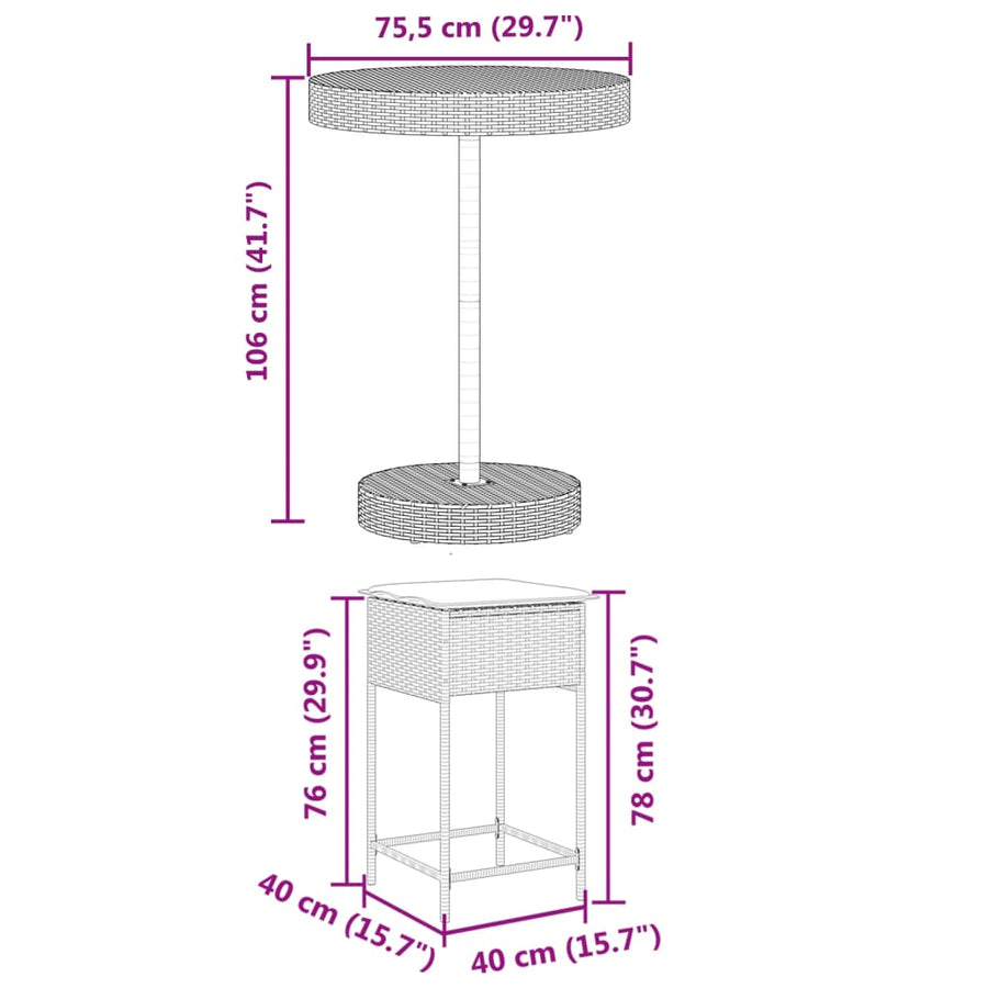 5-delige Tuinbarset met kussens poly rattan grijs