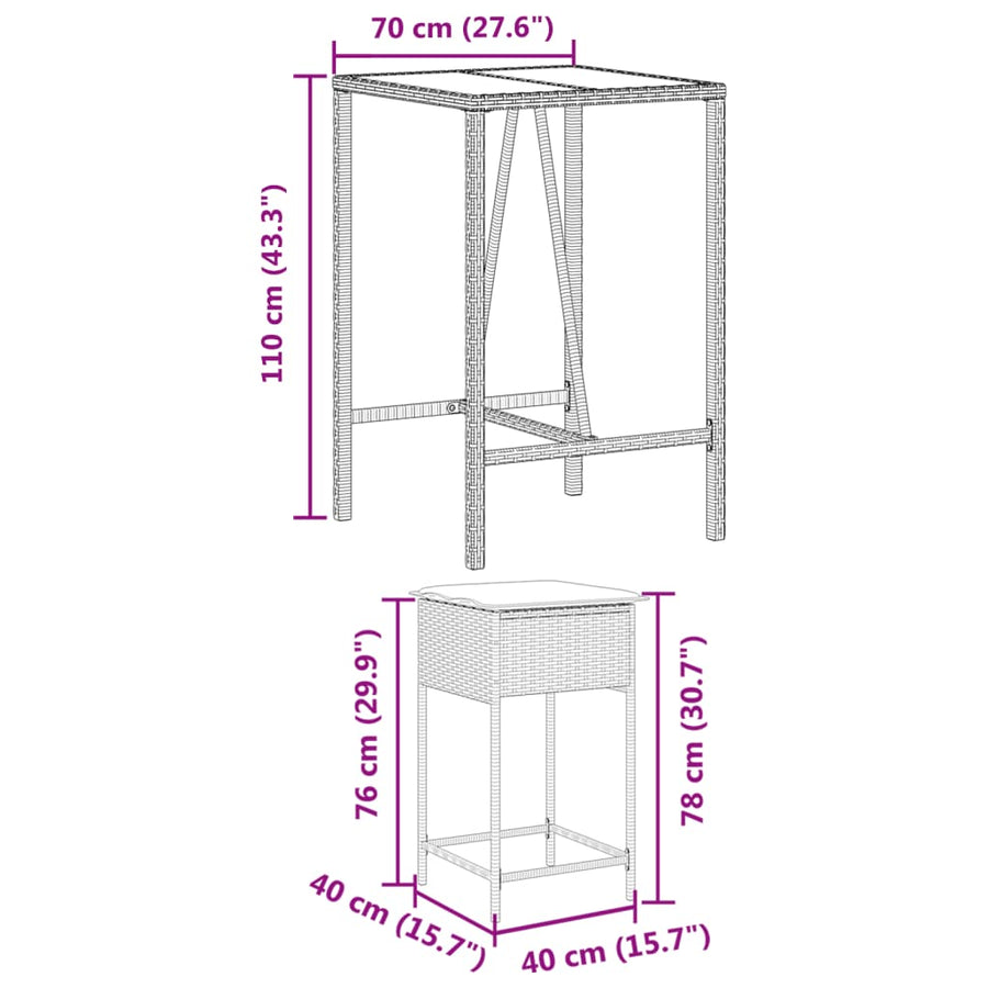 3-Delige Tuinbarset Met Kussens Poly Rattan 2