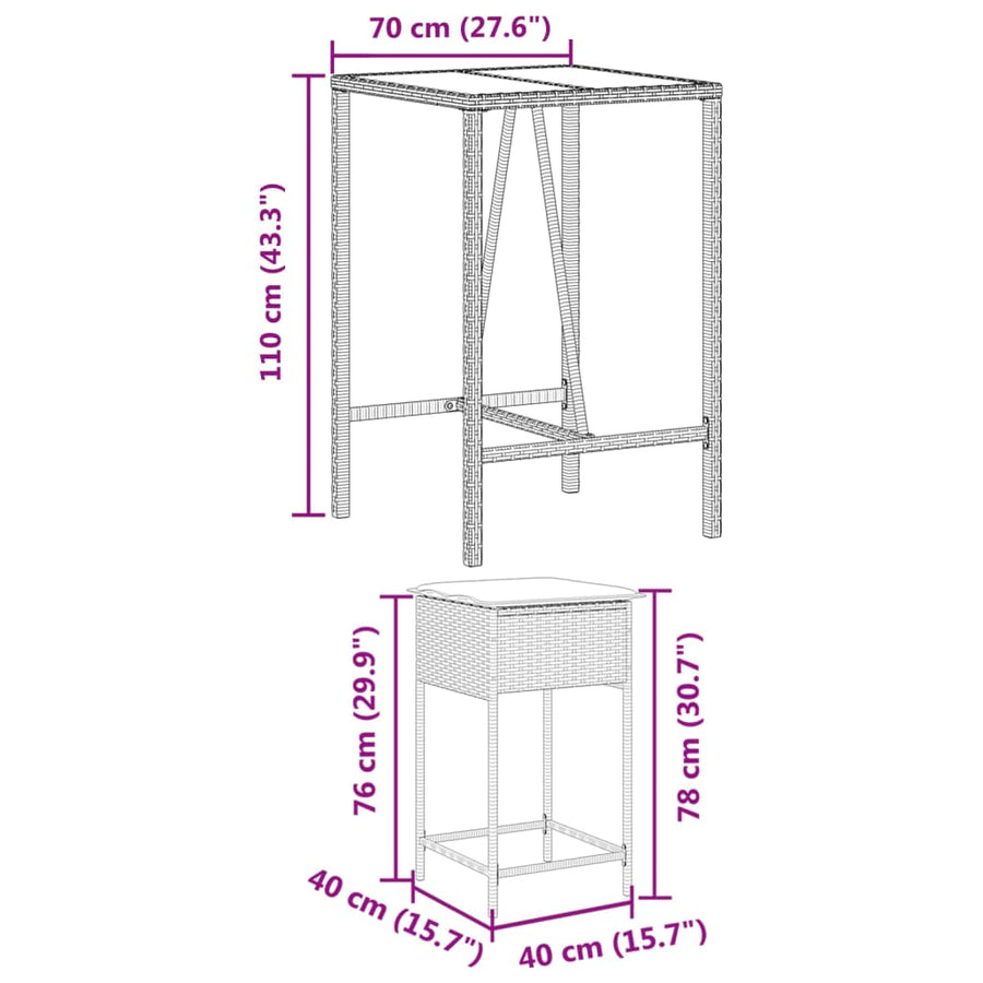3-Delige Tuinbarset Met Kussens Poly Rattan 2