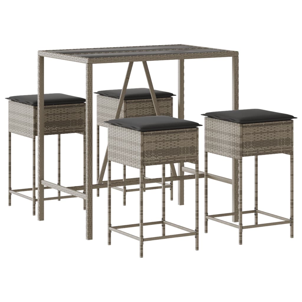 5-delige Tuinbarset met kussens poly rattan grijs