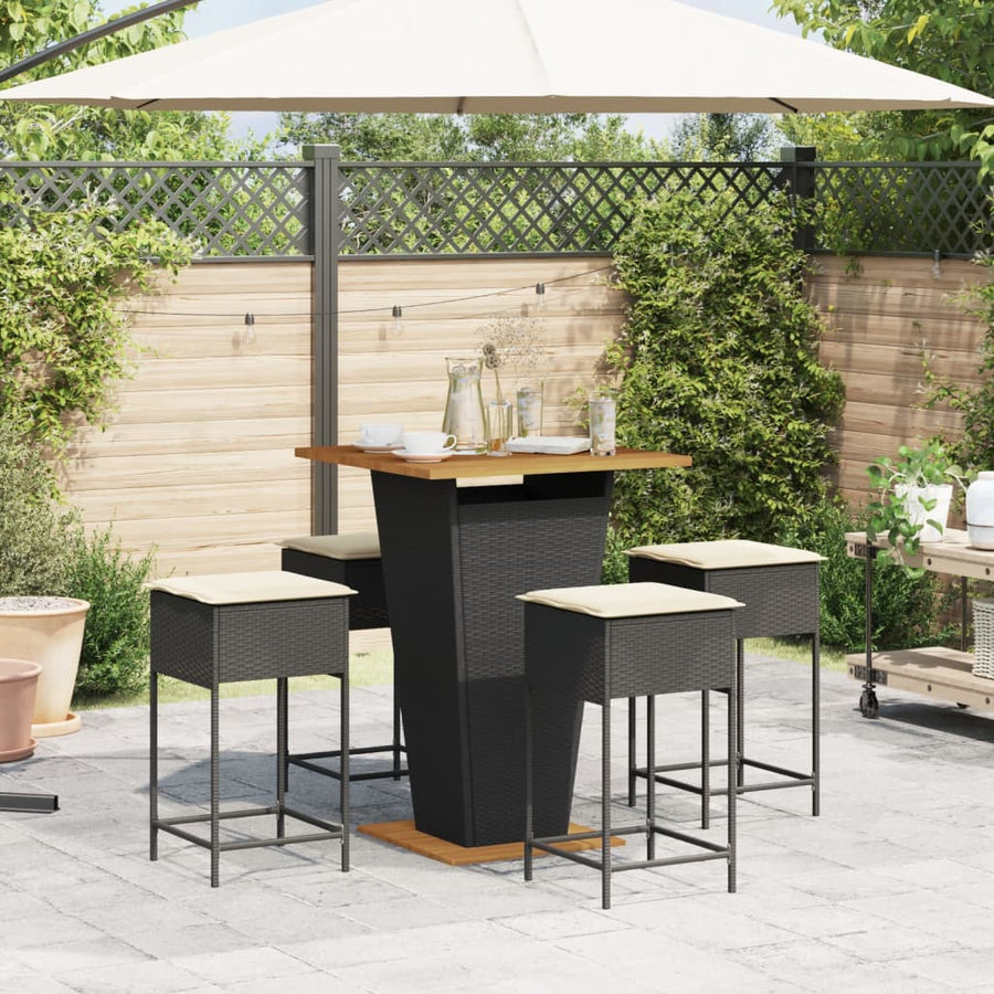 5-delige Tuinbarset met kussens poly rattan zwart