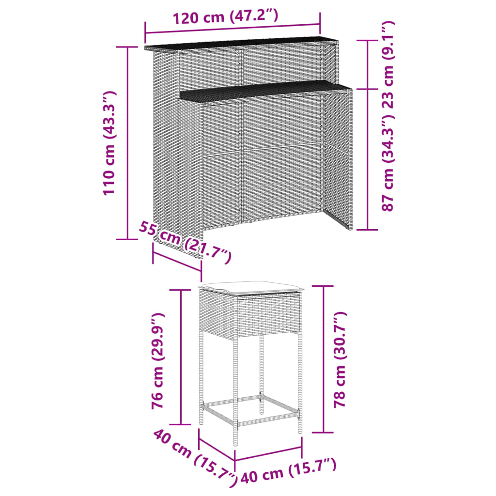 3-Delige Tuinbarset Met Kussens Poly Rattan 2