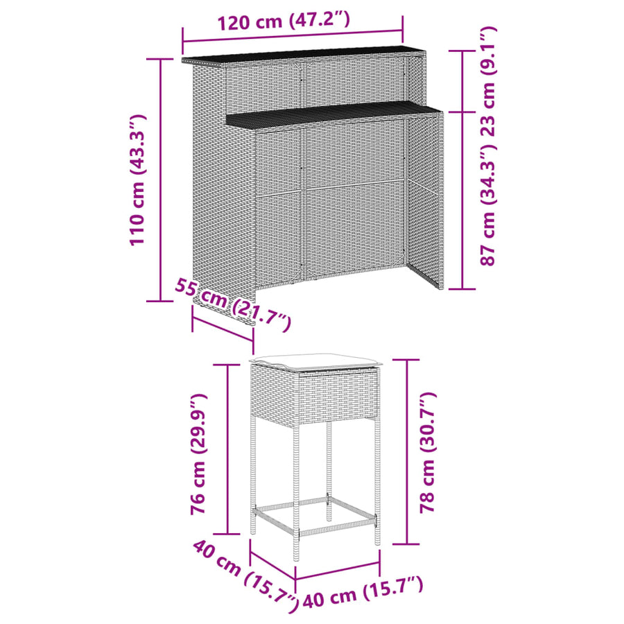 3-Delige Tuinbarset Met Kussens Poly Rattan 2