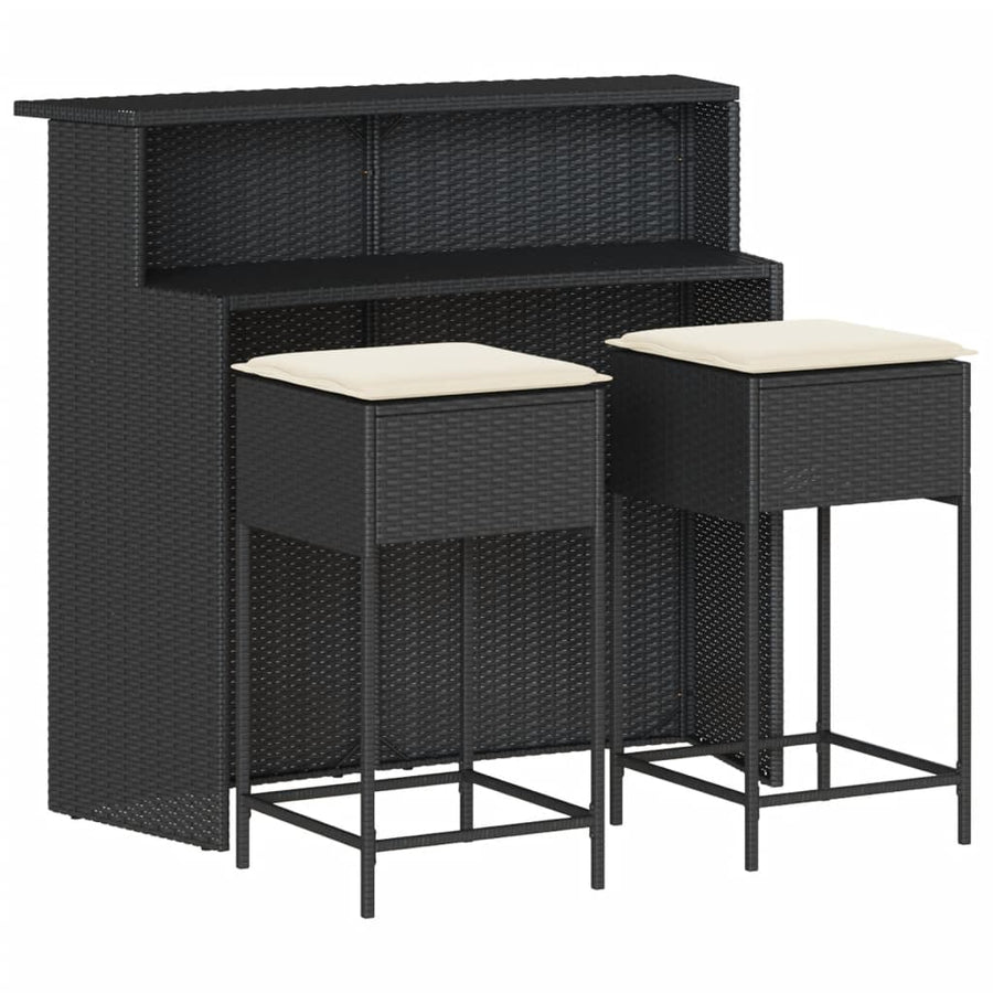 3-delige Tuinbarset met kussens poly rattan zwart