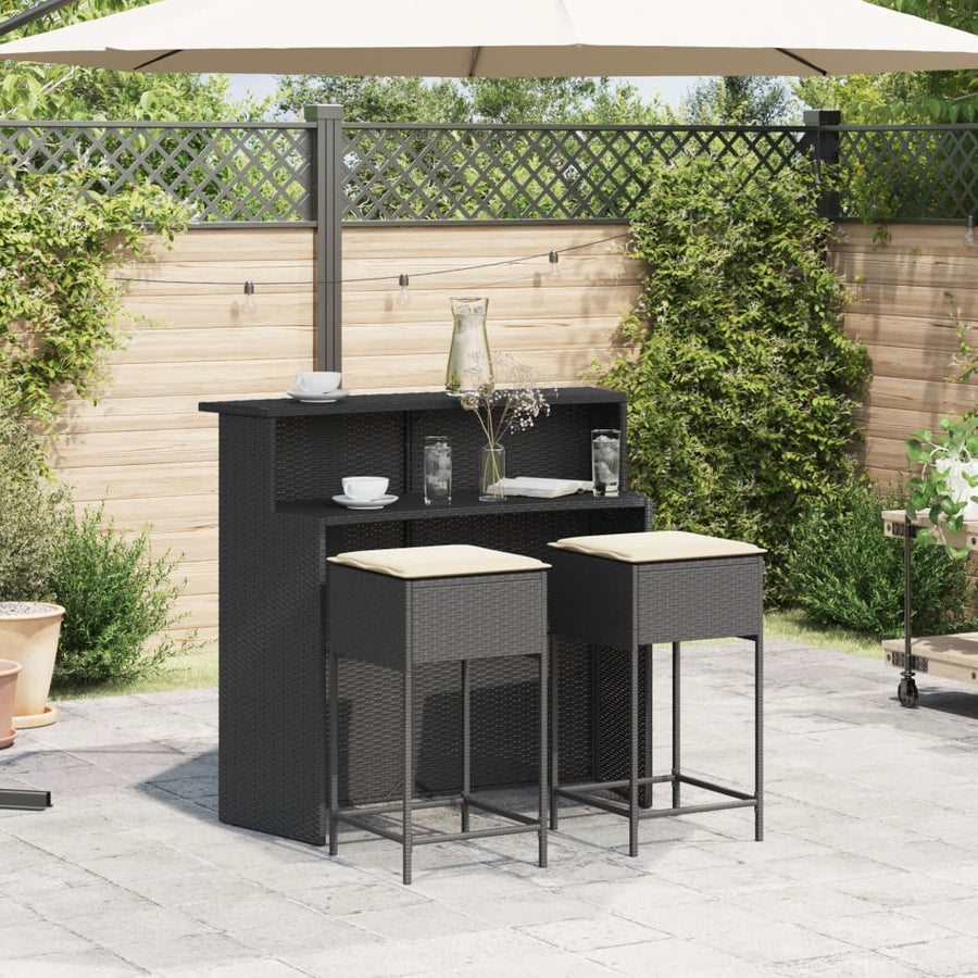 3-delige Tuinbarset met kussens poly rattan zwart