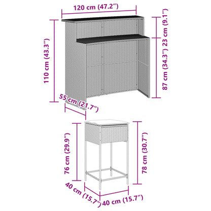 3-delige Tuinbarset met kussens poly rattan zwart