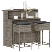 Tuinbarset 3-delig poly rattan grijs met kussens