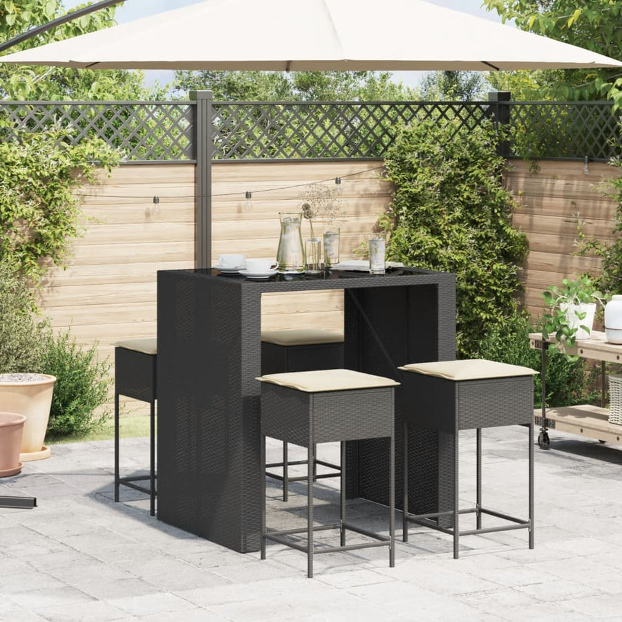 5-delige Tuinbarset met kussens poly rattan zwart