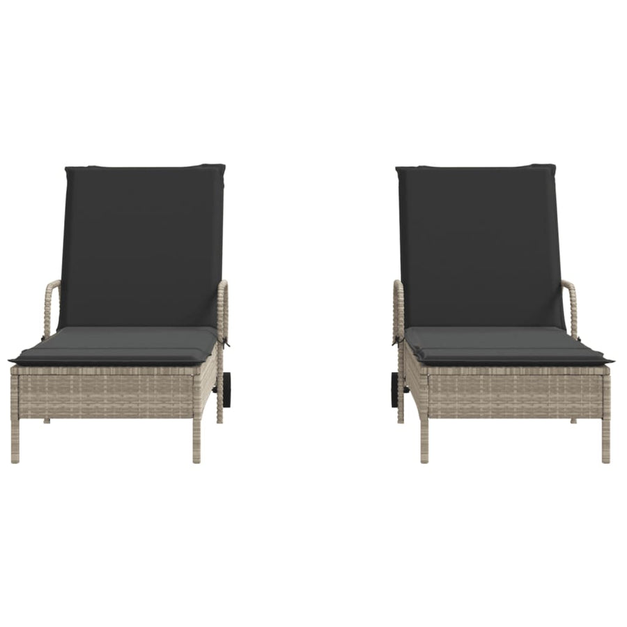 Ligstoelen 2 st met kussen poly rattan lichtgrijs