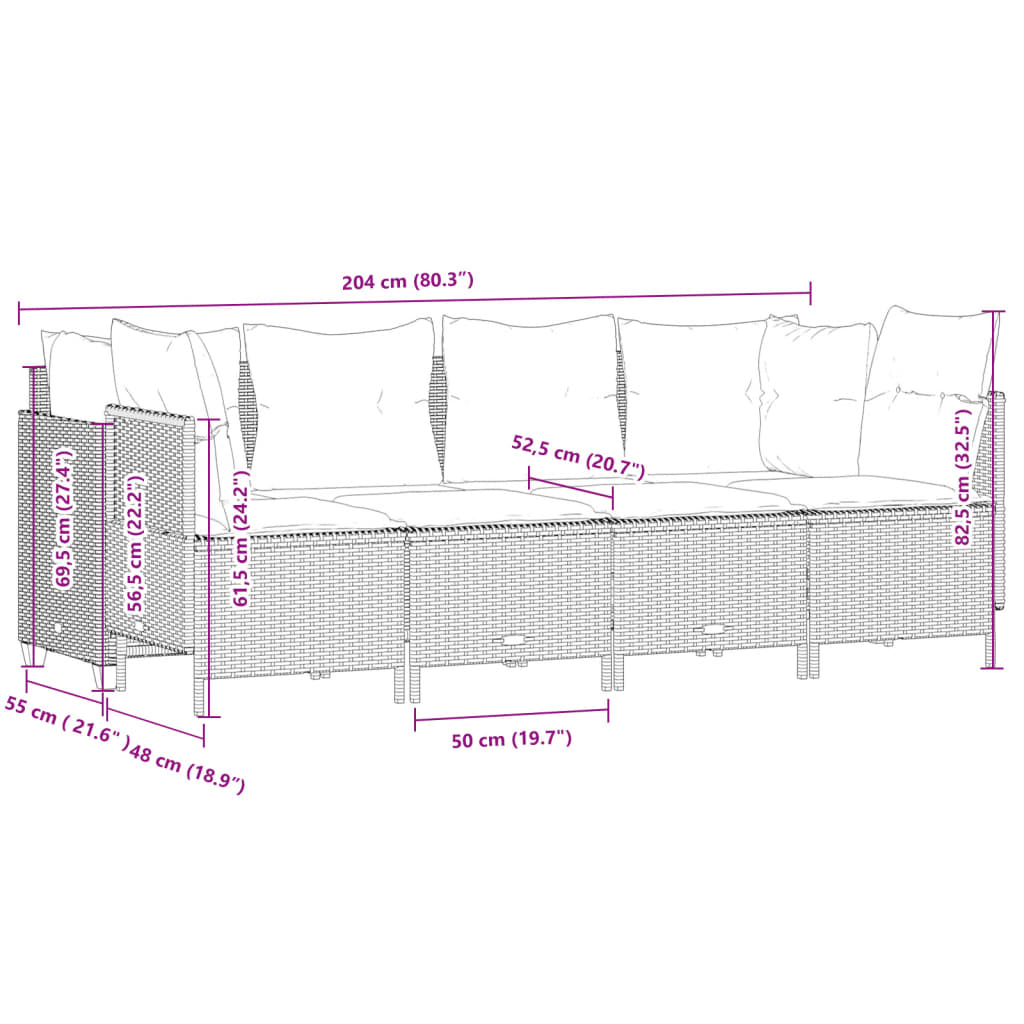 5-delige Loungeset met kussens poly rattan zwart