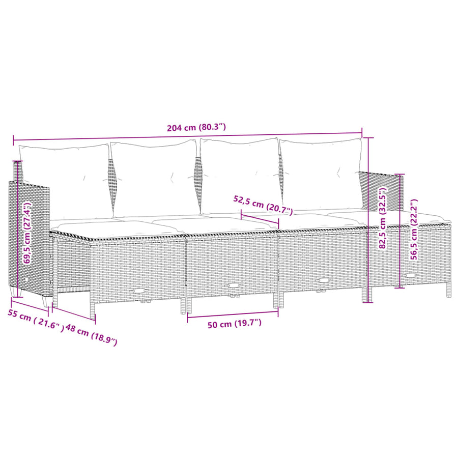 5-delige Loungeset met kussens poly rattan beige
