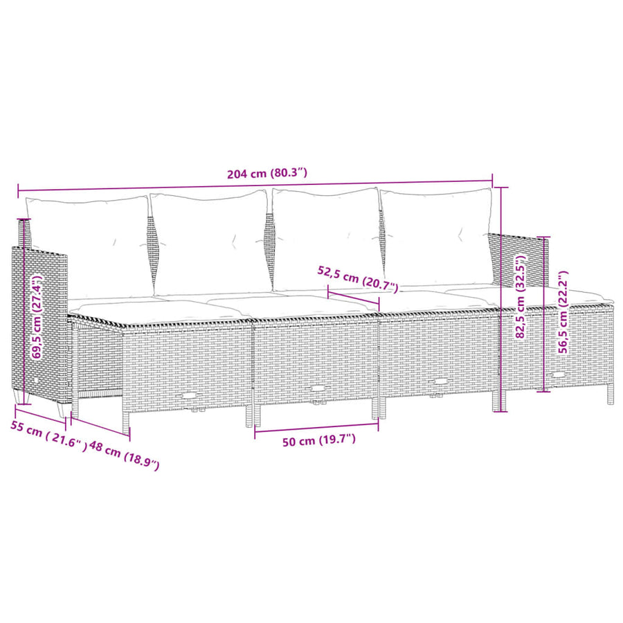 5-delige Loungeset met kussens poly rattan lichtgrijs