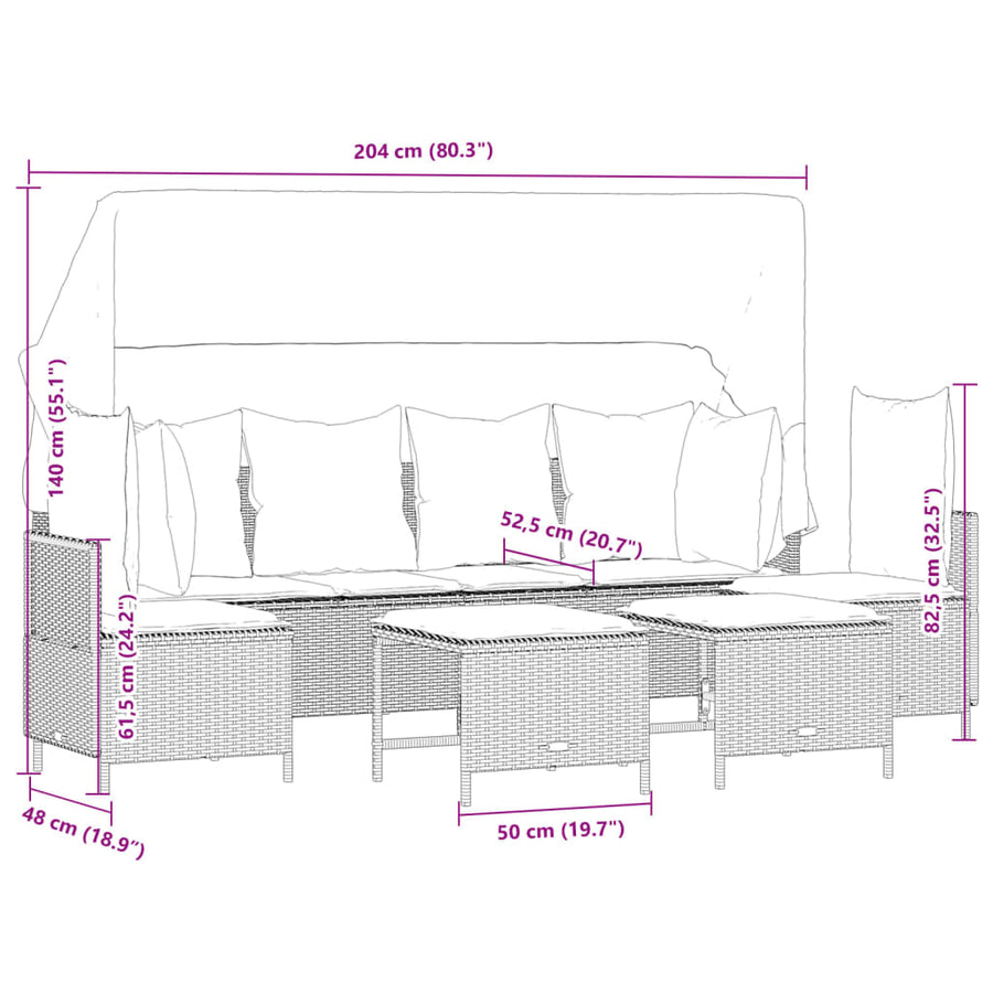 5-delige Loungeset met kussens poly rattan bruin