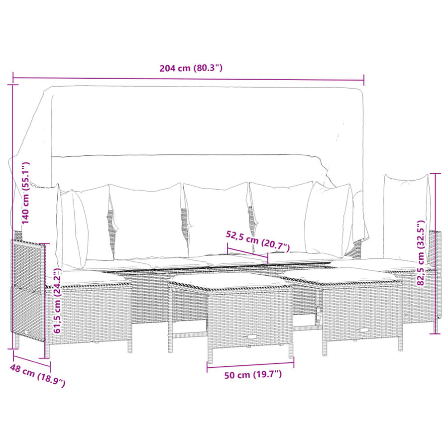 5-delige Loungeset met kussens poly rattan grijs
