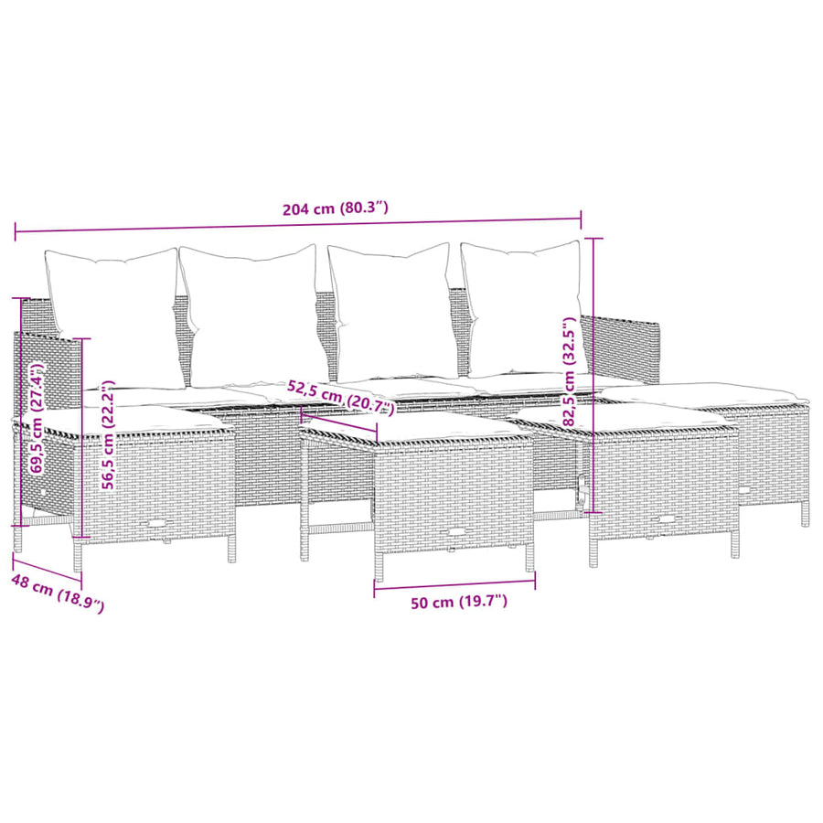 5-delige Loungeset met kussens poly rattan bruin
