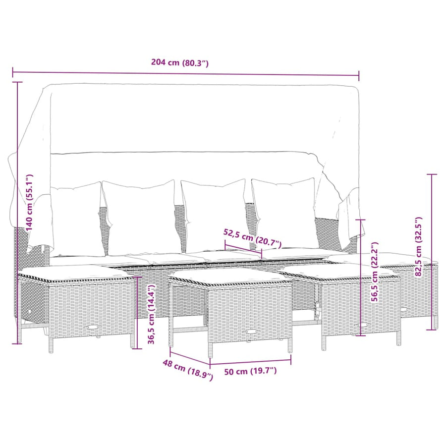 5-delige Loungeset met kussens poly rattan grijs