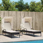 Ligbedden 2 st poly rattan zwart met luifel en tafel