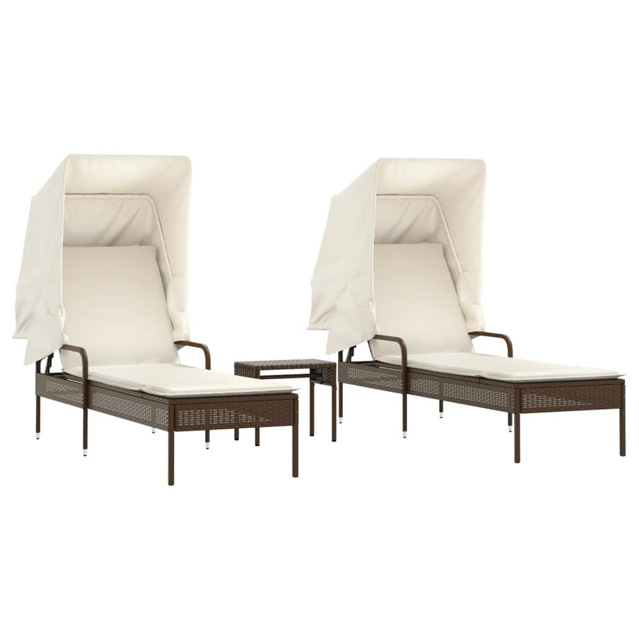 Ligbedden 2 st met luifels en tafel poly rattan bruin