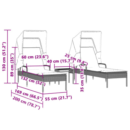 Ligbedden 2 st met luifels en tafel poly rattan bruin