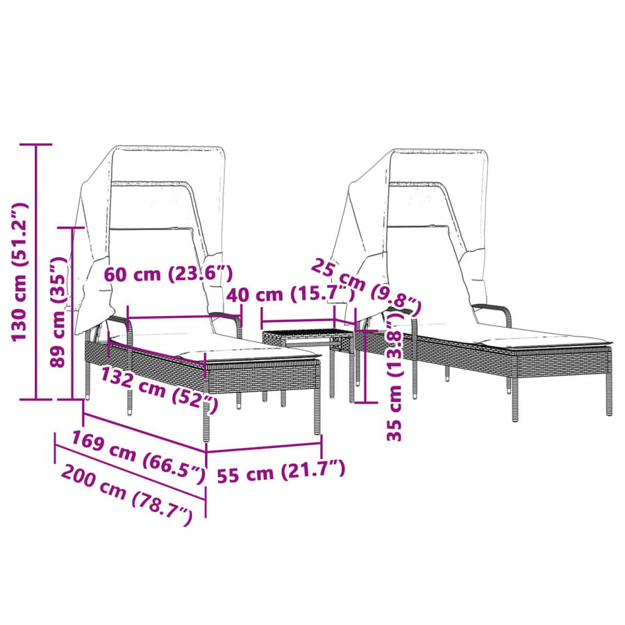 Ligbedden 2 st met luifels en tafel poly rattan bruin