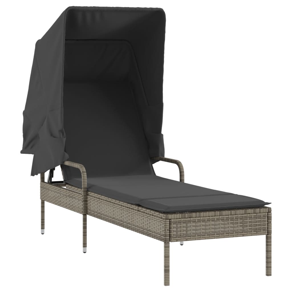 Ligbedden 2 st met luifels en tafel poly rattan grijs