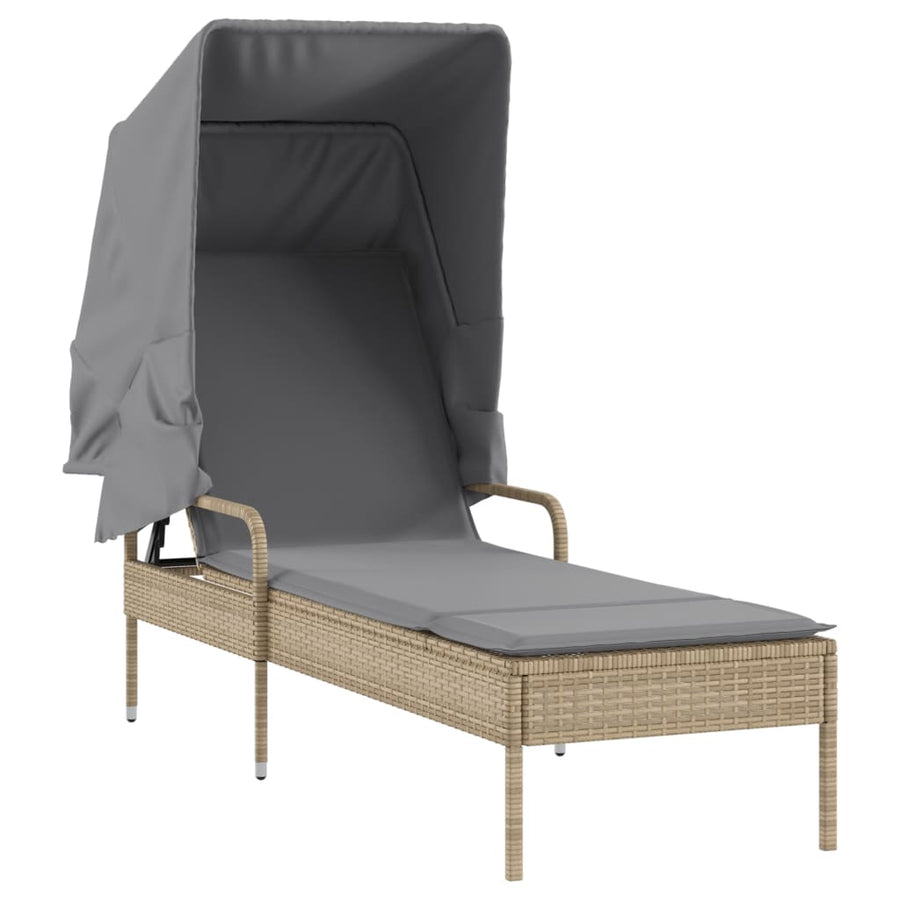 Ligbedden 2 st met luifels en tafel poly rattan beige