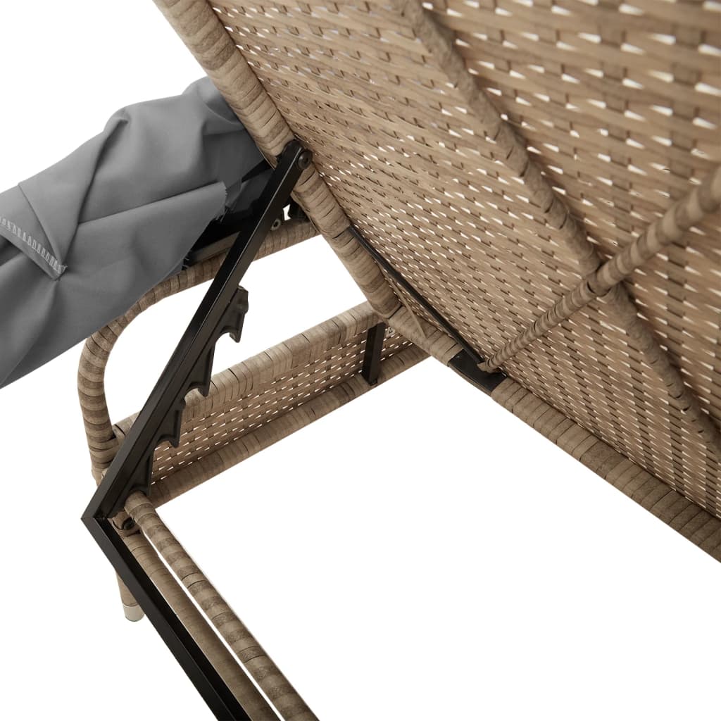 Ligbedden 2 st met luifels en tafel poly rattan beige