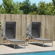 Ligbedden 2 st poly rattan beige met luifel en tafel