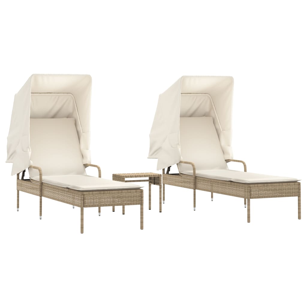 Ligbedden 2 st met luifels en tafel poly rattan beige