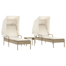 Ligbedden 2 st met luifels en tafel poly rattan beige
