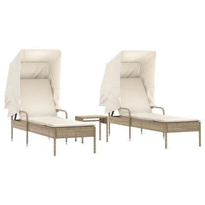 Ligbedden 2 st met luifels en tafel poly rattan beige
