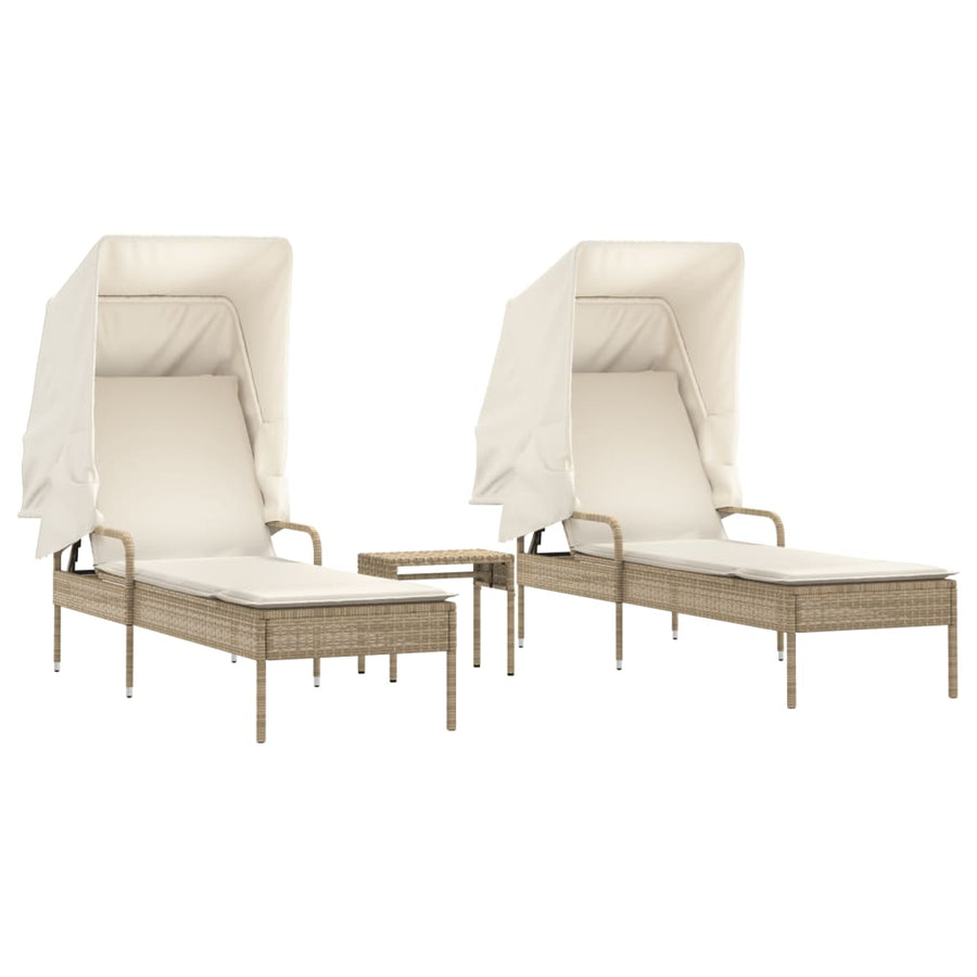 Ligbedden 2 st met luifels en tafel poly rattan beige